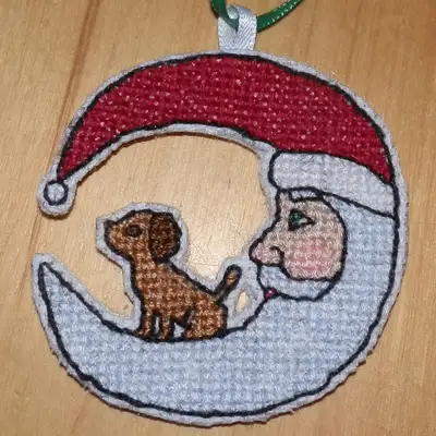 Santa Moon With Puppy Ornament - Hand Stitched, View more