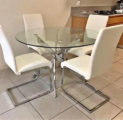 Glass Dining Table Set With 4 Leather Dining Chairs - Brand New, View more