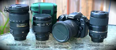 Nikon D7500 plus four lens bundle with memory card and battery, View more