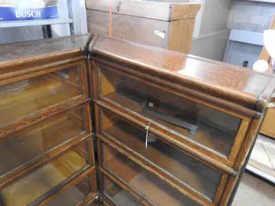 Unusual Antique CORNER PAIR Oak Barrister Bookcases restored, View more