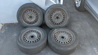 4 OEM Steel Rims 16x6.5, 5x114.3, CB 64.1 mm with used all season tires 215/65 R16, 3/16" left (2 Mi...