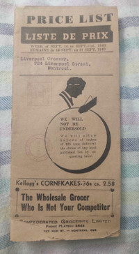 1940s Montreal Store Price List