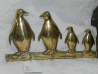 Vintage Golden Brass Penguin Key Holder, Family of four, five ho