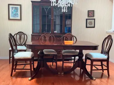 Traditional dining table and chairs. Duncan Phyfe style. Mahogany wood. 40”X 60”. Plus one extension...