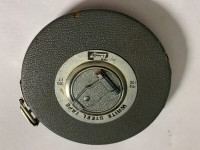 vintage white steel tape measure 100 ft, HW 100, by Lupkin grey