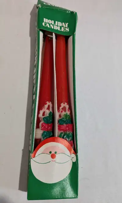 VTG red tapered Christmas candles holly candy cane bow 10", View more