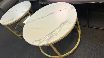 Round Coffee Table, Small Coffee Table with Faux Marble Top and Glass Storage Shelf, 2-Tier Circle C...