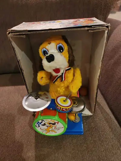 vintage original battery operated one man drummer dog, View more