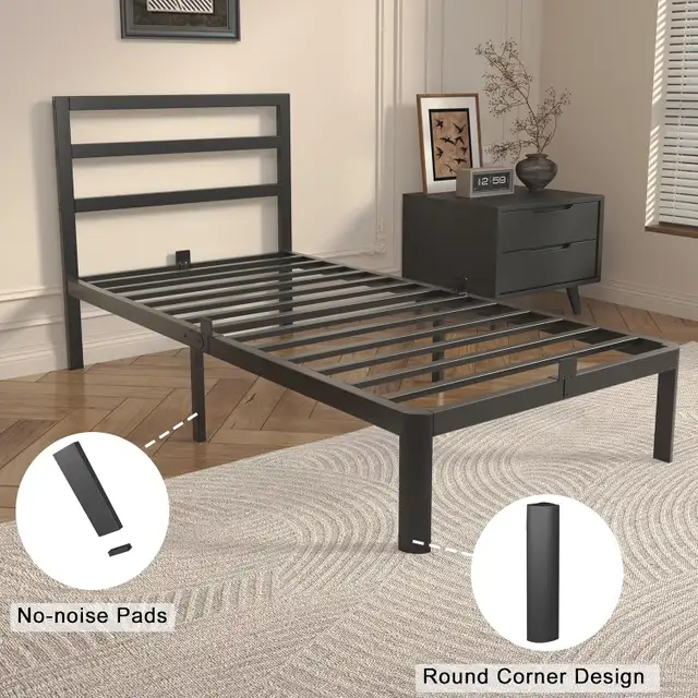 14 Inch Twin Bed Frame with Headboard, Black Metal Twin Size Bed in Beds & Mattresses in Longueuil / South Shore - Image 8
