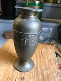VINTAGE BRASS VASE with COIN EMBEDDDED ON BOTTOM