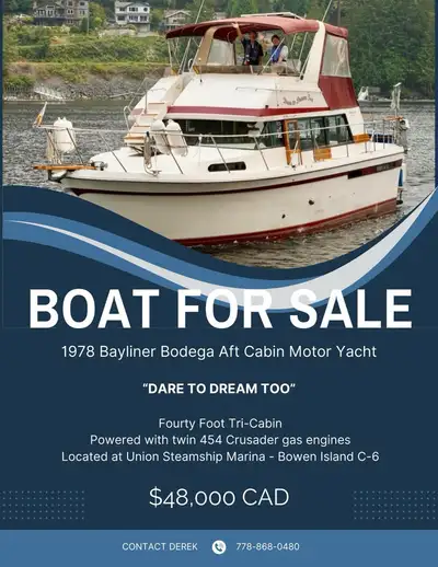 40’ 6” power boat. Great for liveaboard. Flying bridge seats 12 comfortably. Large aft deck. Two ste...