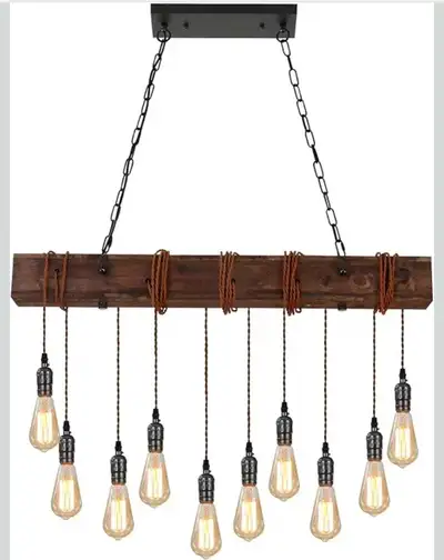 KEESFU 10-Lights Rustic Chandeliers for Dining Room, Farmhouse Wooden Ceiling Pendant Light, Height...
