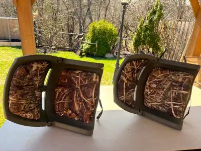 2 Camo Molded Low Back Fishing Boat Chairs with pedestals, good condition