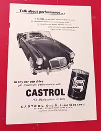 CLASSIC 1958 CASTROL MOTOR OIL AD WITH MGA SPORTS CAR - ANNONCE