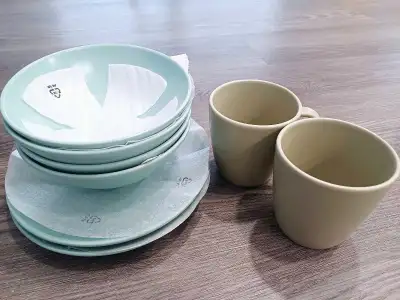 I bought this product from IKEA and it is "not used". 2 plates + 4 bowls + 2 cups ($20) That's 20 do...