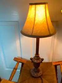 Lovely Vtg Table Lamp w an Ornate Wood Base and Satin Shade 