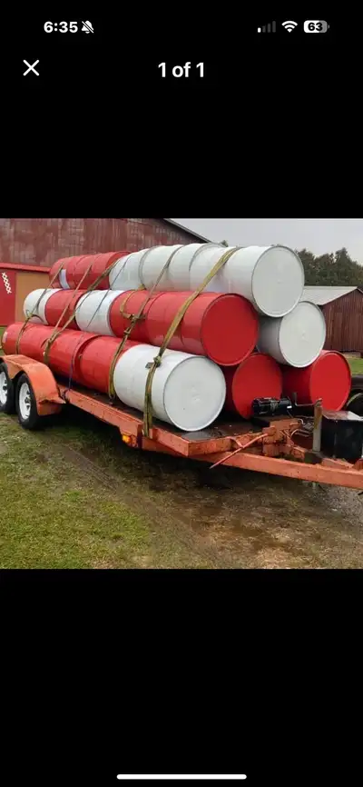55 gallon barrels $5 each Yes they are steel Red and white Had spray foam mix in them Yes they are e...