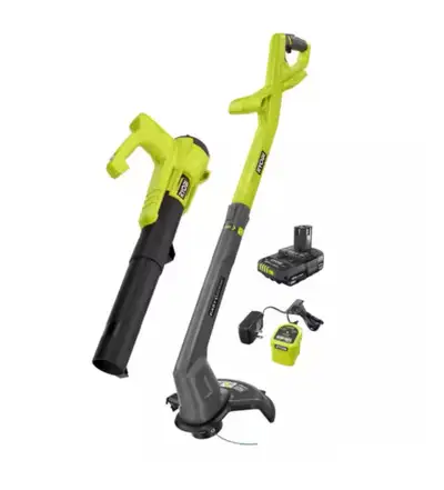RYOBI 18V ONE+ Cordless String Trimmer/Edger and Blower/Sweeper Combo Kit with 2.0 Ah Battery and Ch...