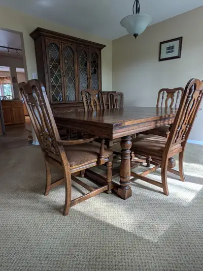 Oak dining room table, 6 chairs and bureau with upper china cabi, View more