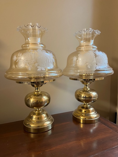 Two brass, glass lamps in great condition. 19" tall.