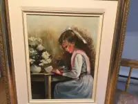 Peinture à l'huile jeune fille au secrétaire  idée cadeau