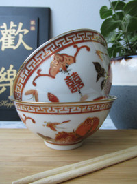2 Porcelain Rice Soup Bowls "Pomegranate and Peach", China