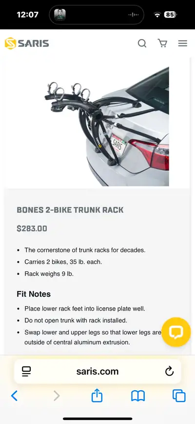 Selling a Saris Bones 2-Bike Trunk Rack, perfect for safely transporting your bicycles on your sedan...