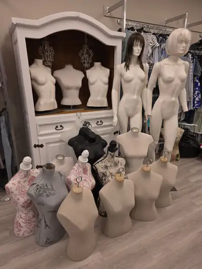 Large boutique mannequin and dress form lot for sale. Perfect for a clothing boutique, market vendor...