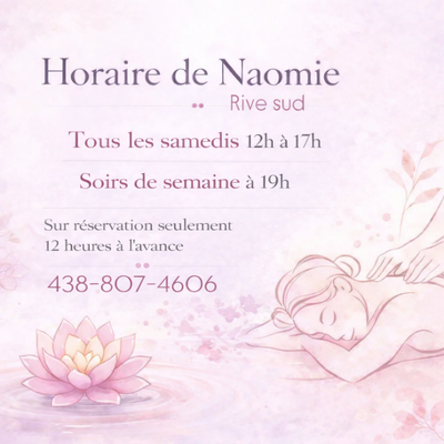 Naomie est de retour avec des prix et horaires accessibles à tous Sur la Rive-Sud comprenant douche...