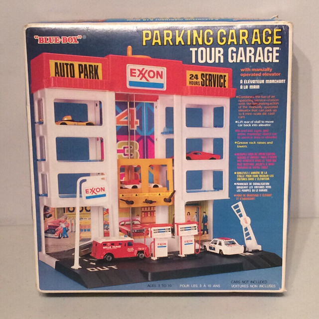 Vintage Blue Box Exxon Gas Station Toy Car Parking Garage w Box in Arts & Collectibles in Ottawa