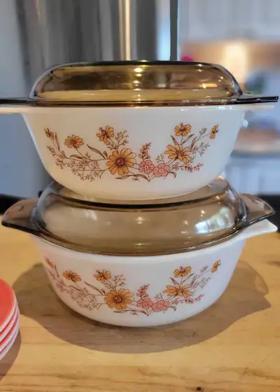 Vintage Pyrex Flamingo Pink cup and saucer set-Made in Canada Vintage Pyrex Country Autumn casserole...