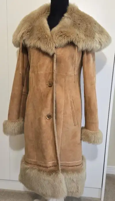 women's full length lambskin coat with fur trim and shawl collar, View more