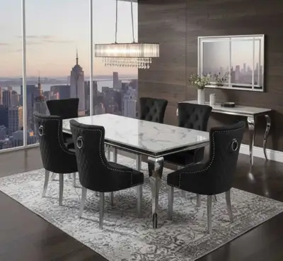 White Marble Dining Table Set – Chrome Base With Black Chairs , View more