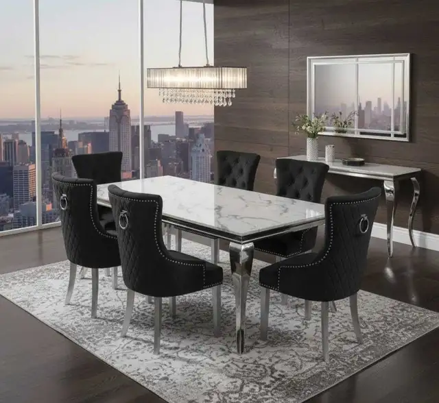 White Marble Dining Table Set – Chrome Base With Black Chairs  in Dining Tables & Sets in City of Toronto - Image 2