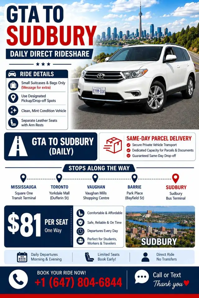  GTA → SUDBURY DAILY DIRECT RIDESHARE 