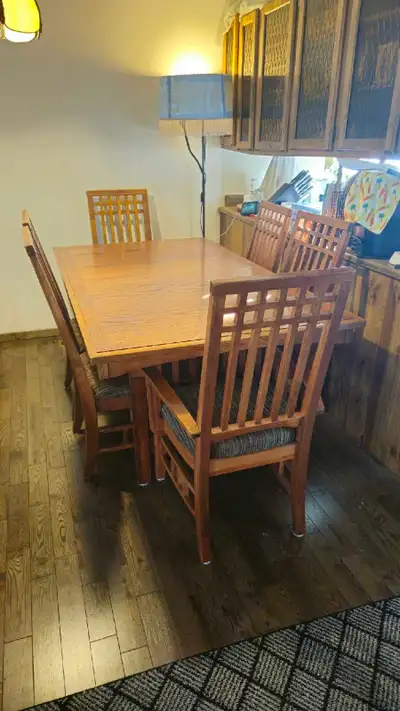 solid oak dining room table and chairs, View more