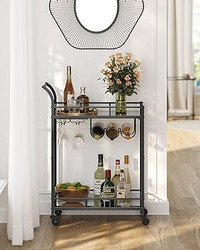 Black Metal Drink Cart with Two Mirrored Shelves