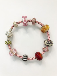 NEW - Pink Pleather Braid Bracelet with 10 Colourful Pendants