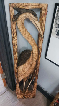Chainsaw carved heron wall hanger