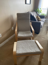 Armchair, birch veneer/Knisa light beige with footrest