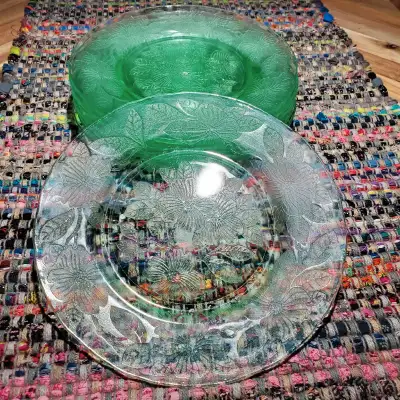 There are 8 vintage green depression glass salad or dessert plates available in excellent condition....