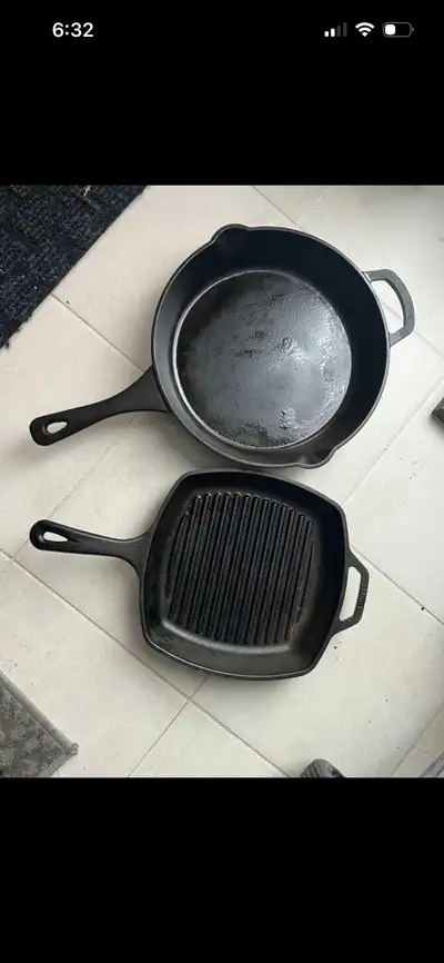 Lodge square grill and Master Chef cast iron fry pans, View more