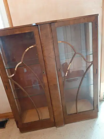 For sale Antique wood cabinet with glass shelves 