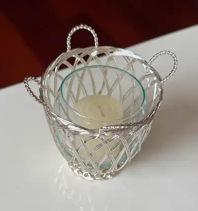 NIB Silver Plated Basket Candle Holder, View more