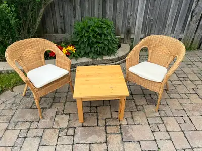 Table and two wicker chairs, View more