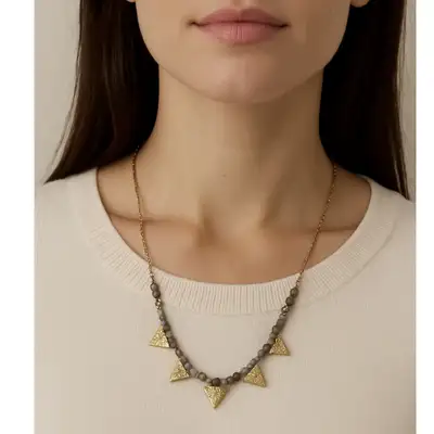 Canvas Multi Bead Gold Tone Triangle Charm Necklace Adjustable, View more