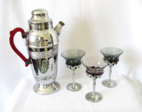 ....CHROME ART DECO COCKTAIL SHAKER  &THREE METAL/GLASS GOBLETS