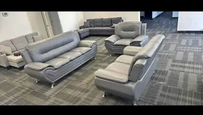 Chic Grey Leather 3-Piece Sofa Set with Free Delivery Home, View more