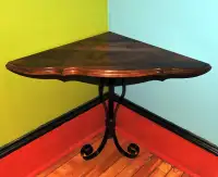 Wood Triangle Corner Table w/ Wrought Iron Legs