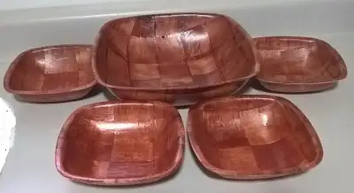 Vintage 1960s Pressed Wood 5 piece Rounded Square Salad Serving, View more